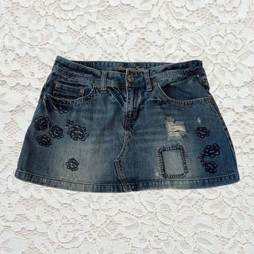 vintage american‎ eagle floral embroidered denim mini skirt